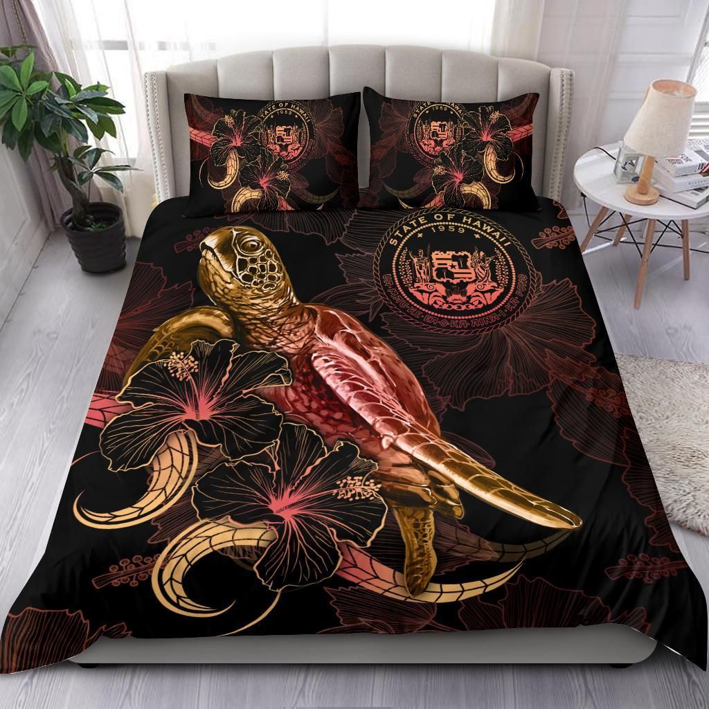 Hawaii Polynesian Bedding Set - Turtle With Blooming Hibiscus Gold