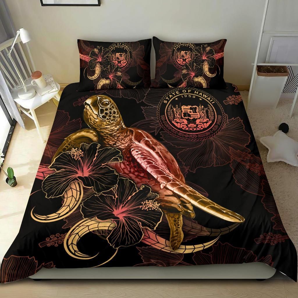 Hawaii Polynesian Bedding Set - Turtle With Blooming Hibiscus Gold
