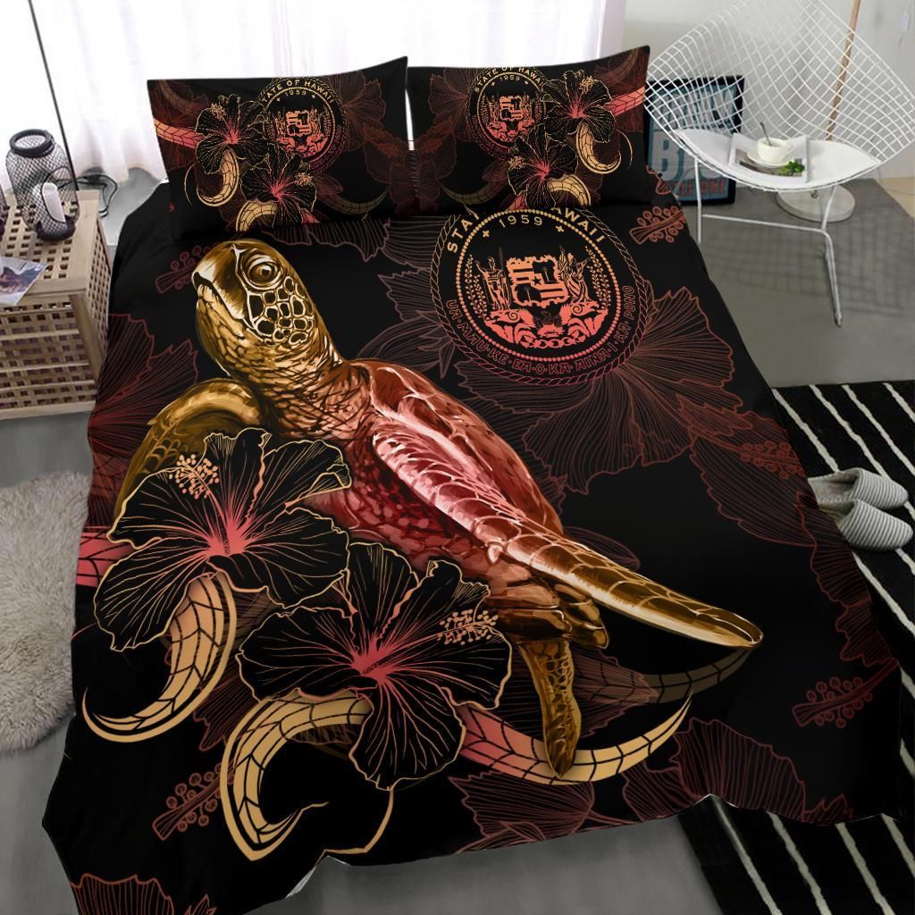 Hawaii Polynesian Bedding Set - Turtle With Blooming Hibiscus Gold