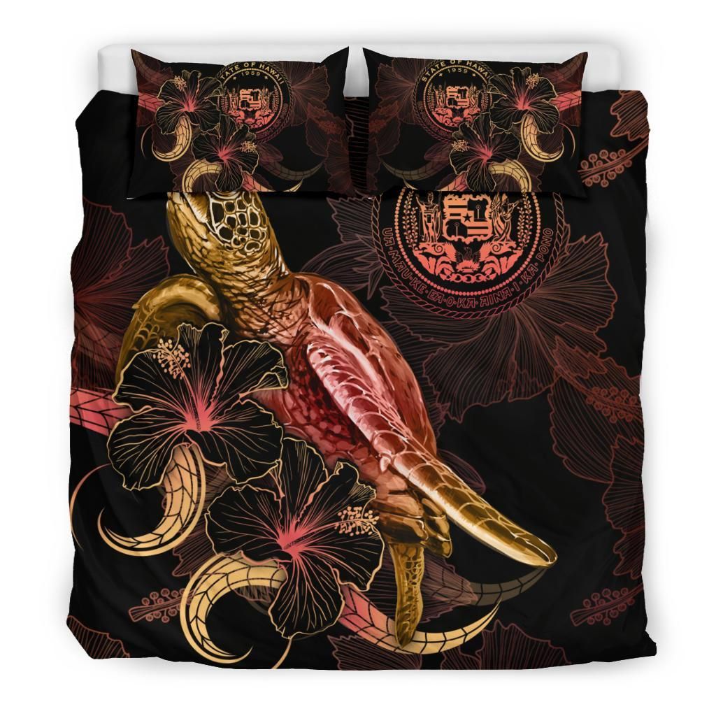 Hawaii Polynesian Bedding Set - Turtle With Blooming Hibiscus Gold