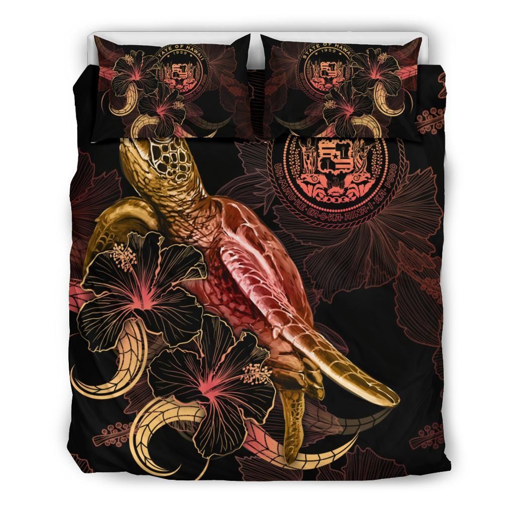 Hawaii Polynesian Bedding Set - Turtle With Blooming Hibiscus Gold