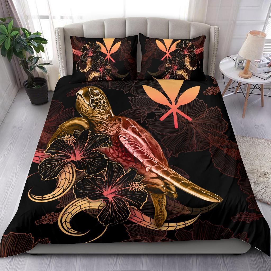 Hawaii Polynesian Bedding Set - Turtle With Blooming Hibiscus Gold
