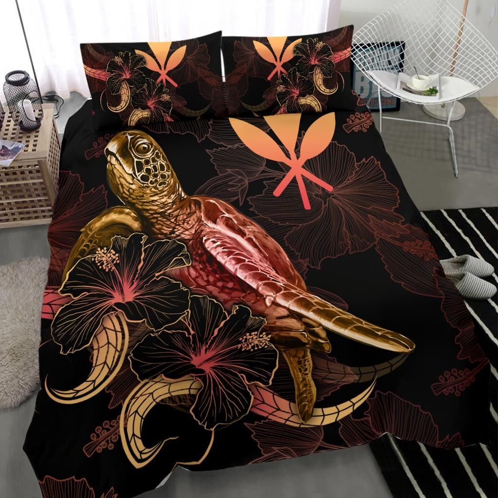 Hawaii Polynesian Bedding Set - Turtle With Blooming Hibiscus Gold