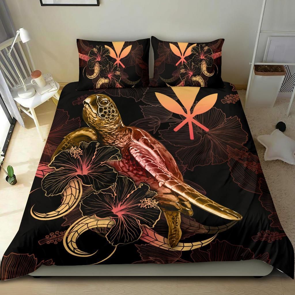 Hawaii Polynesian Bedding Set - Turtle With Blooming Hibiscus Gold
