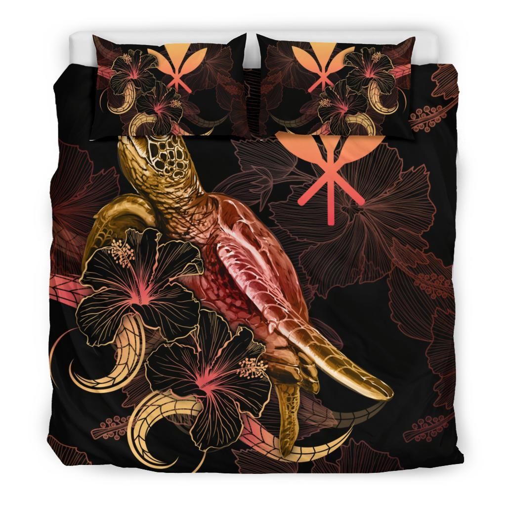 Hawaii Polynesian Bedding Set - Turtle With Blooming Hibiscus Gold
