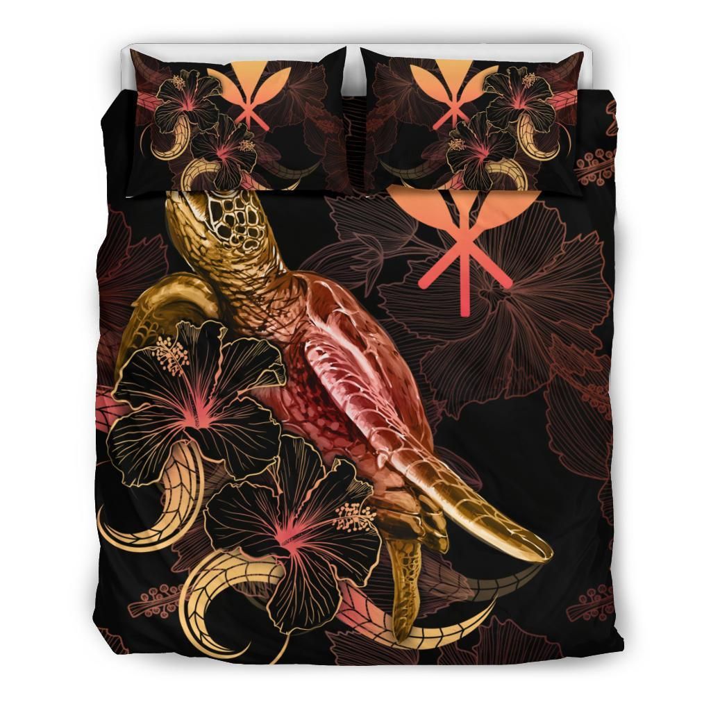 Hawaii Polynesian Bedding Set - Turtle With Blooming Hibiscus Gold