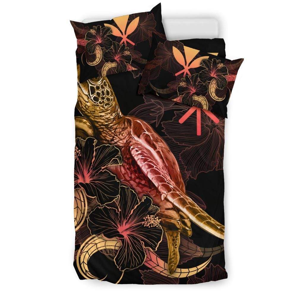 Hawaii Polynesian Bedding Set - Turtle With Blooming Hibiscus Gold