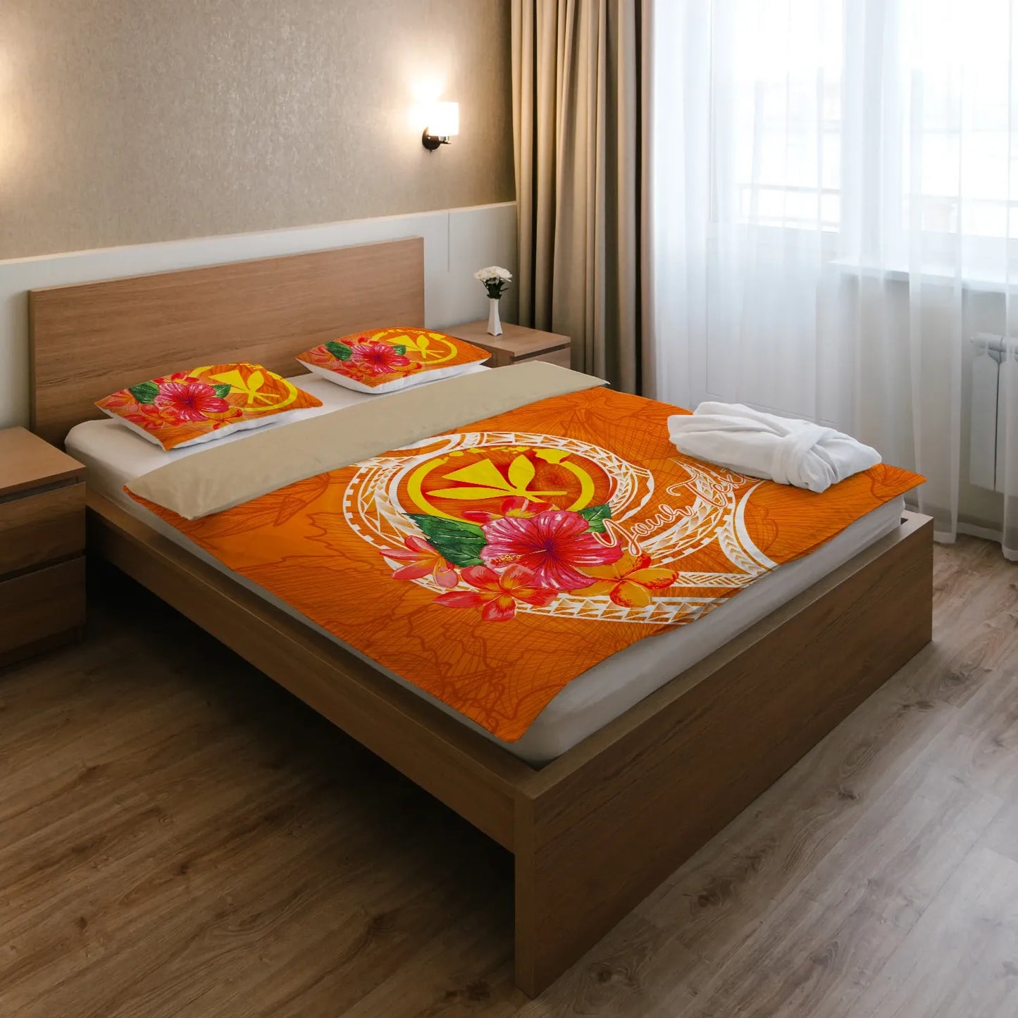 Hawaii Polynesian Custom Personalised Bedding Set - Orange Floral With Seal