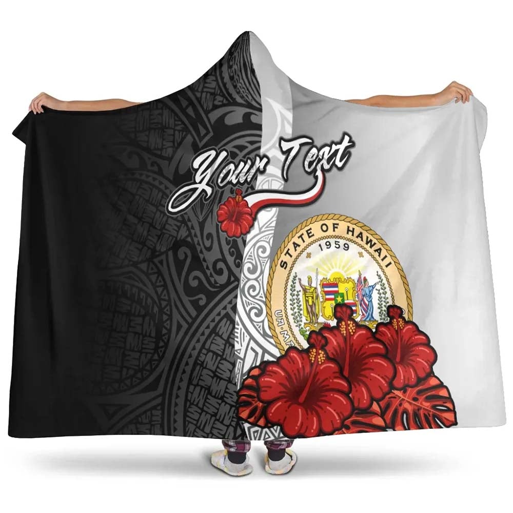 Hawaii Polynesian Custom Personalised Hooded Blanket- Coat Of Arm With Hibiscus White