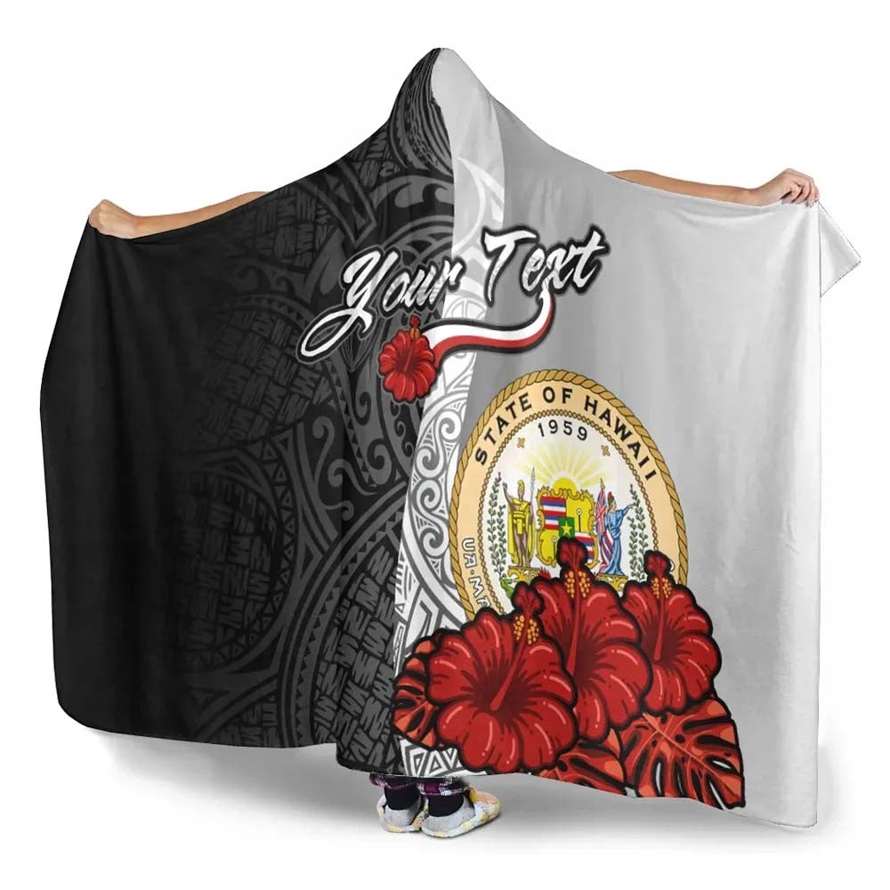 Hawaii Polynesian Custom Personalised Hooded Blanket- Coat Of Arm With Hibiscus White