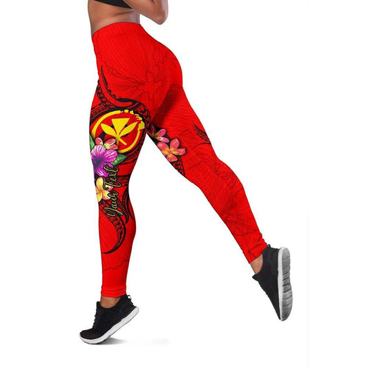 Hawaii Polynesian Custom Personalised Legging - Floral With Seal Red
