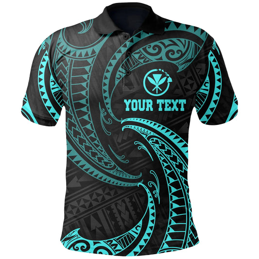 Hawaii Polynesian Custom Personalised Polo Shirt - Neon Blue Tribal Wave