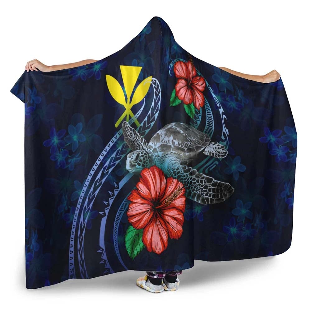 Hawaii Polynesian Hooded Blanket - Blue Turtle Hibiscus