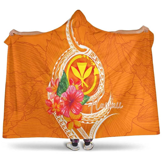 Hawaii Polynesian Hooded Blanket - Orange Floral With Seal