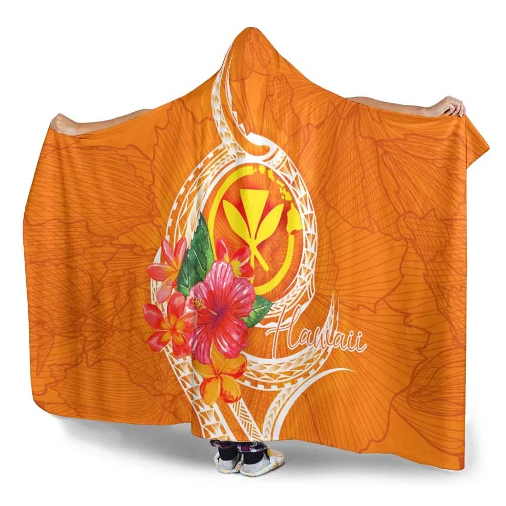 Hawaii Polynesian Hooded Blanket - Orange Floral With Seal