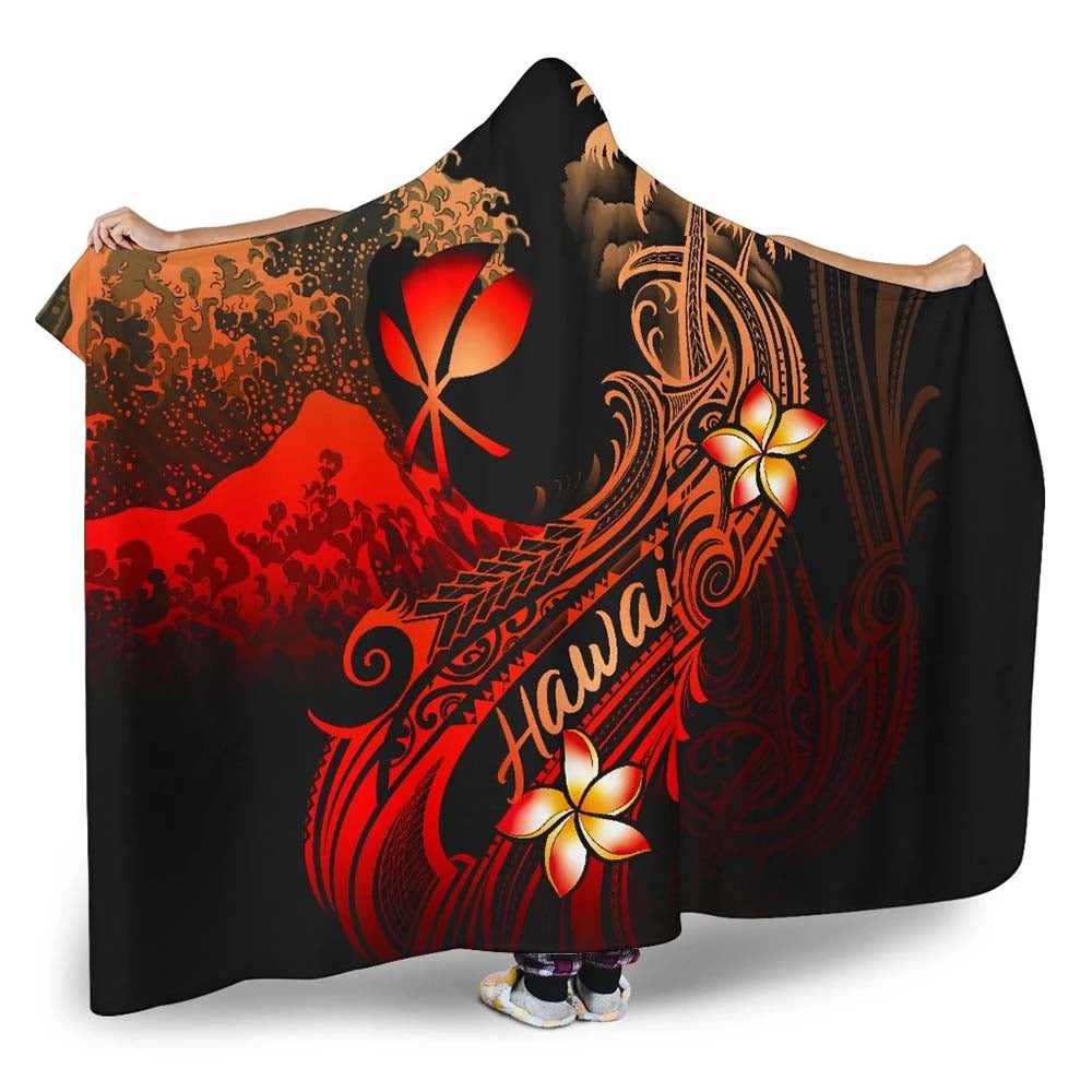 Hawaii Polynesian Hooded Blanket - Plumeria Flowers And Waves