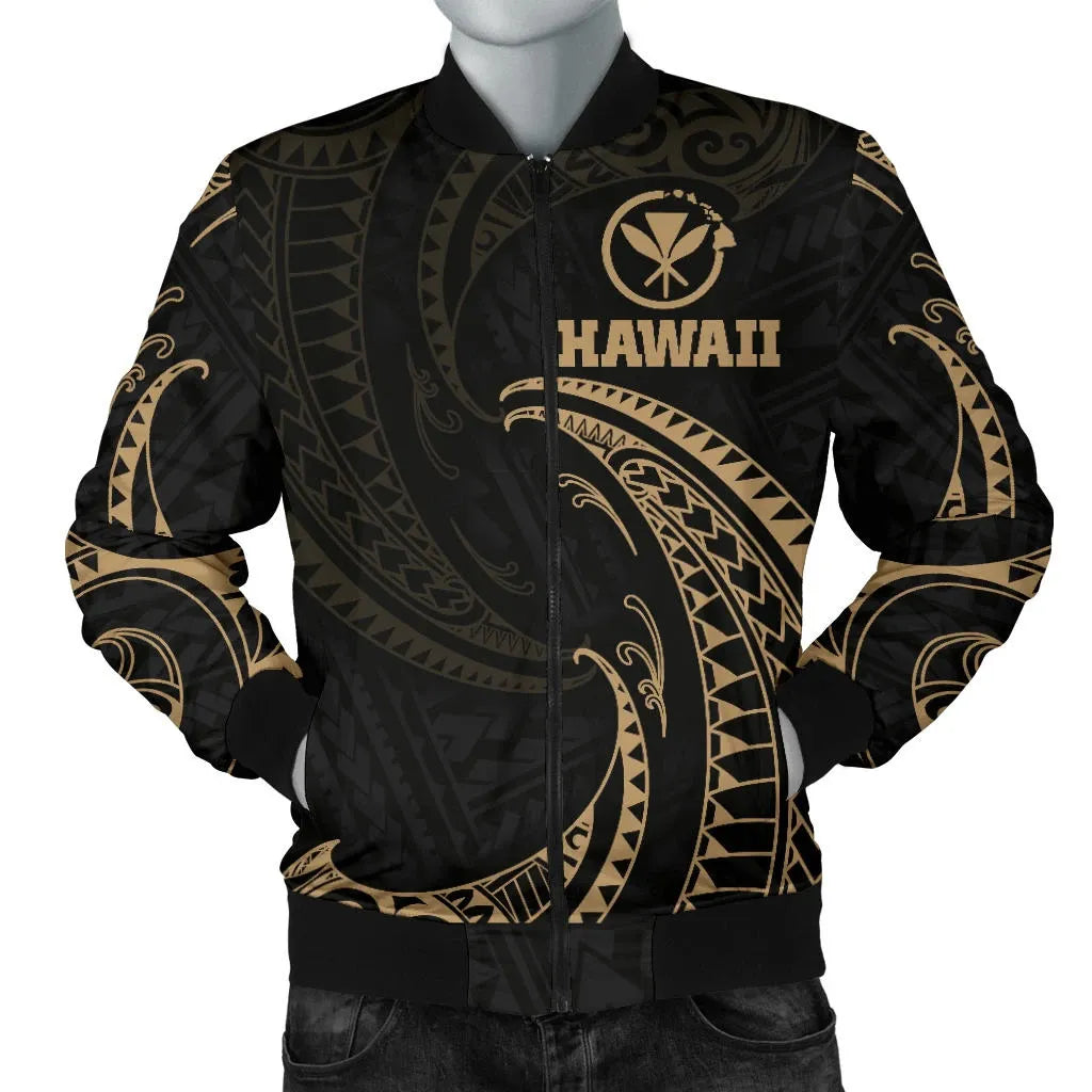 Hawaii Polynesian Bomber Jacket - Gold Tribal Wave