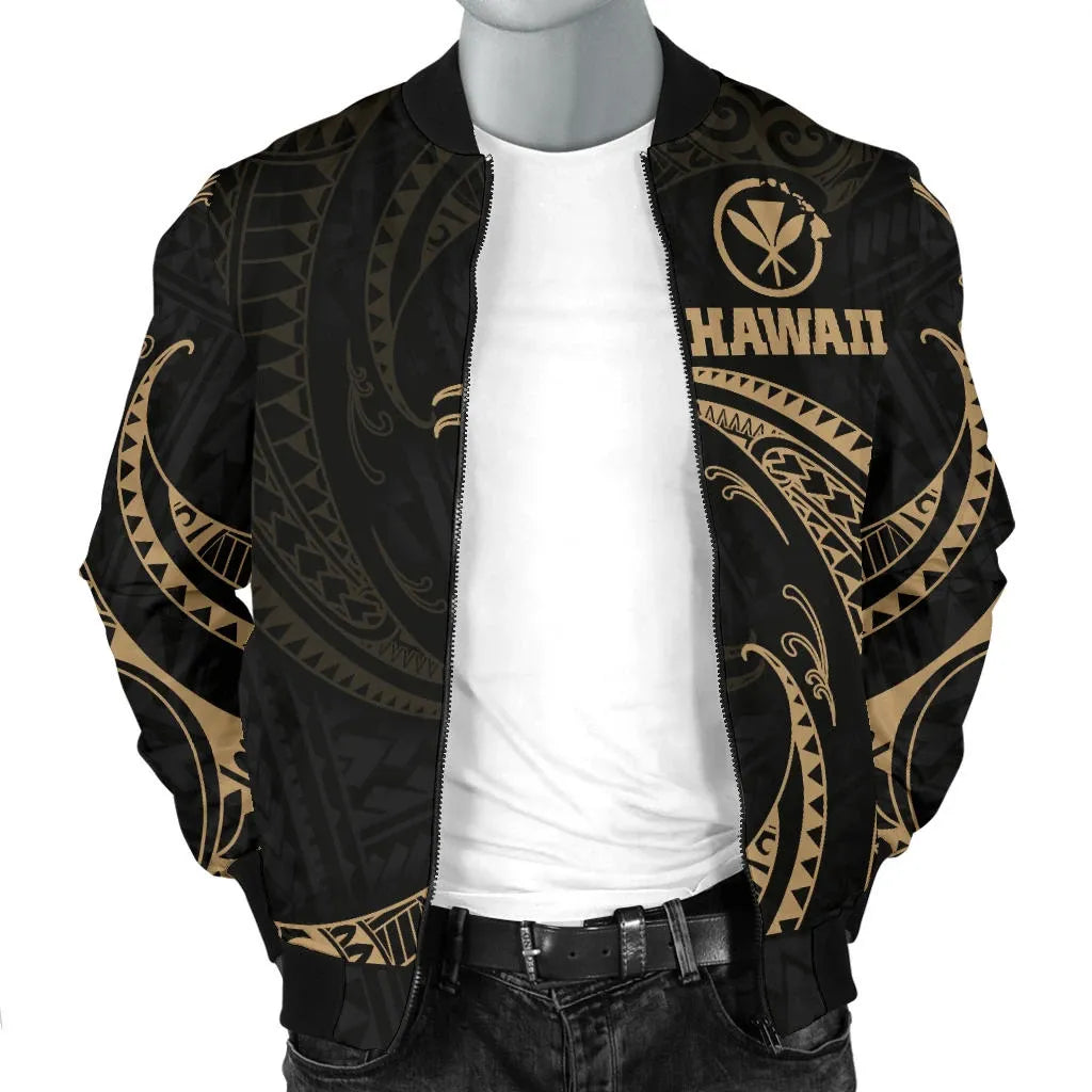Hawaii Polynesian Bomber Jacket - Gold Tribal Wave