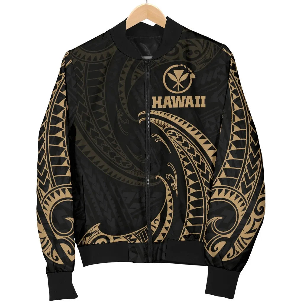Hawaii Polynesian Bomber Jacket - Gold Tribal Wave