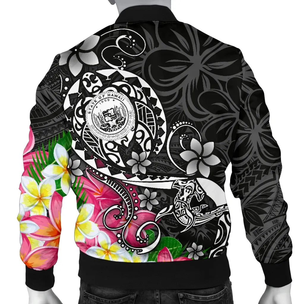 Hawaii Polynesian Bomber Jacket - Hawaii Seal With Turtle Plumeria (Black)