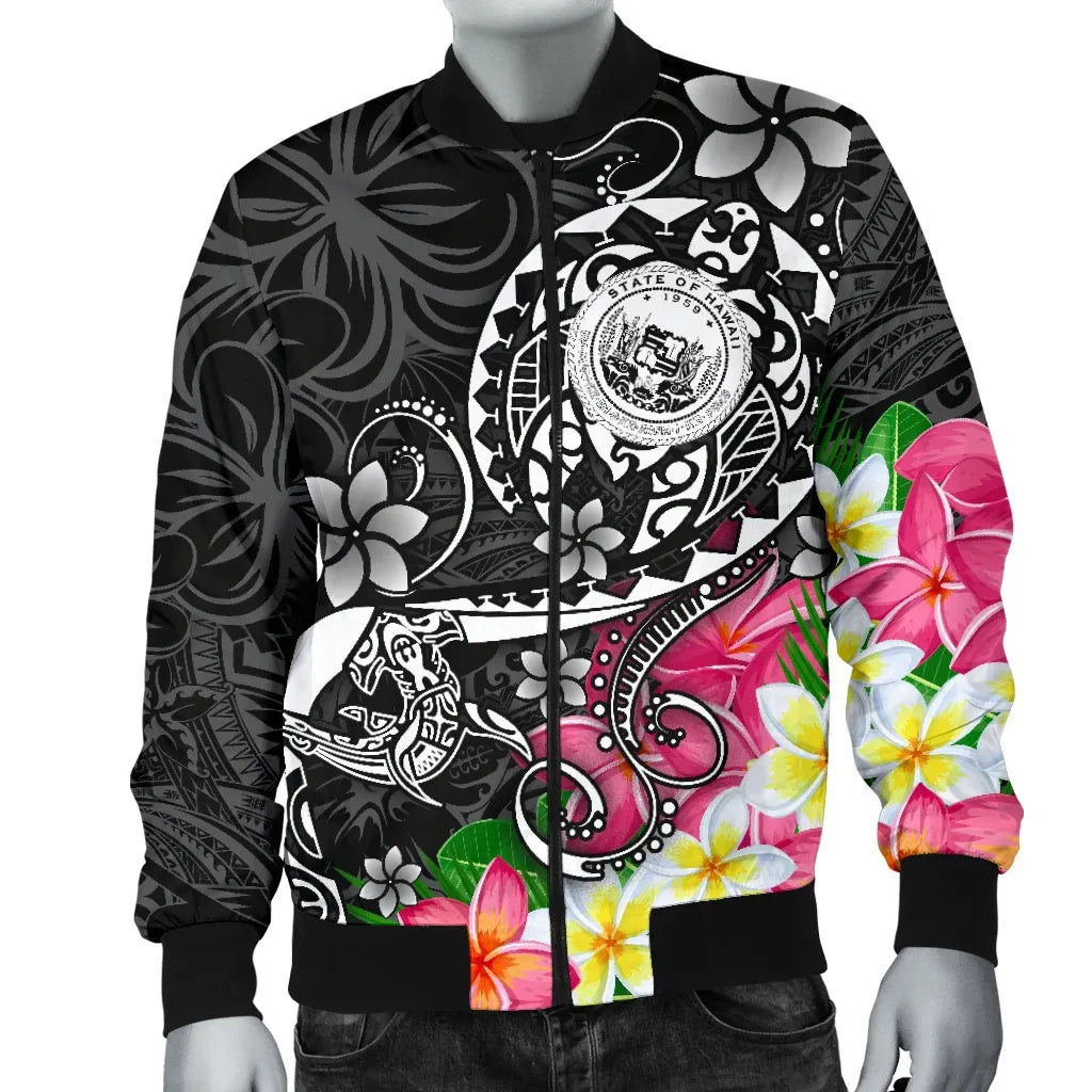 Hawaii Polynesian Bomber Jacket - Hawaii Seal With Turtle Plumeria (Black)