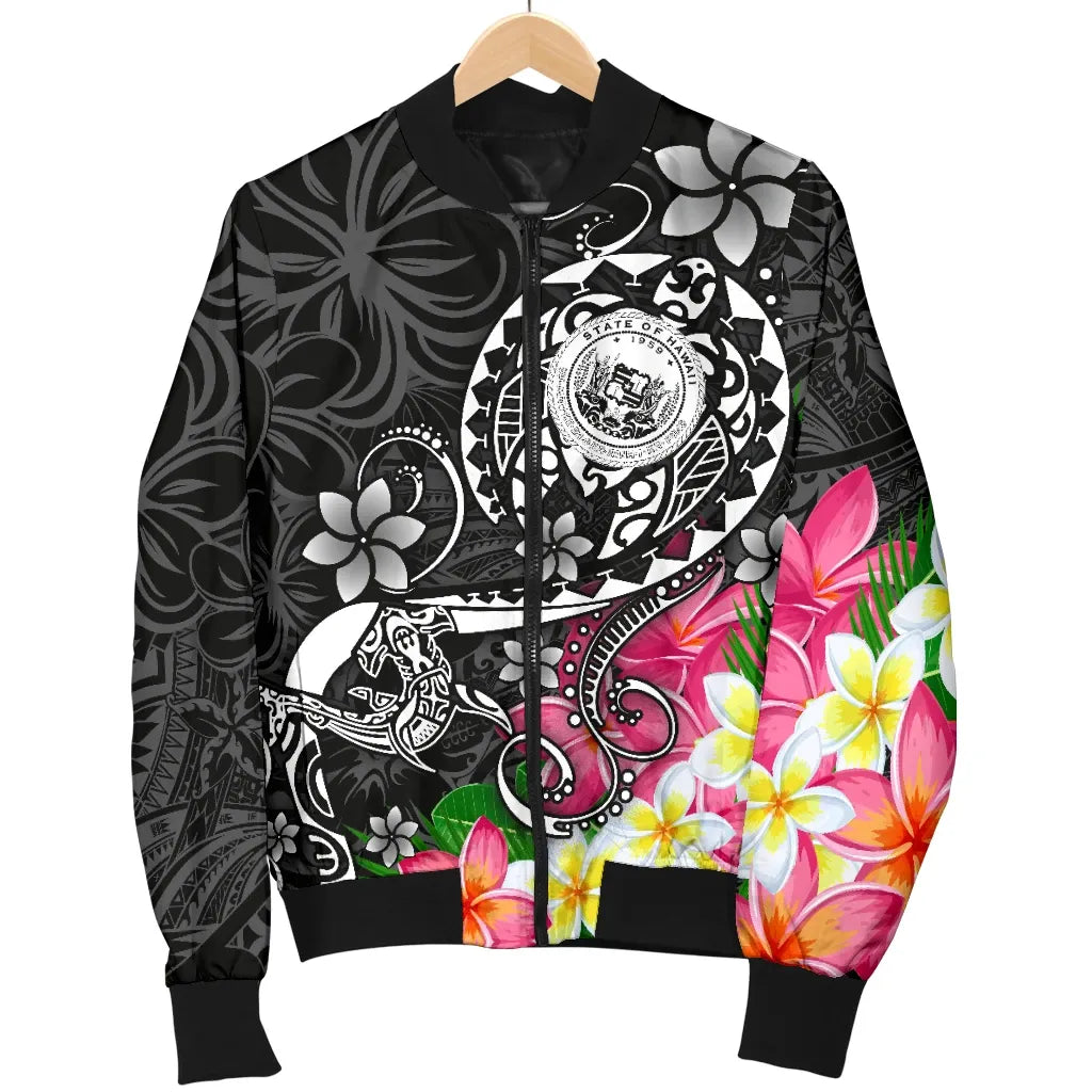 Hawaii Polynesian Bomber Jacket - Hawaii Seal With Turtle Plumeria (Black)
