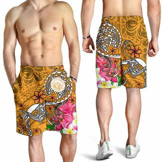 Hawaii Polynesian Men Shorts - Hawaii Seal With Turtle Plumeria (Gold)