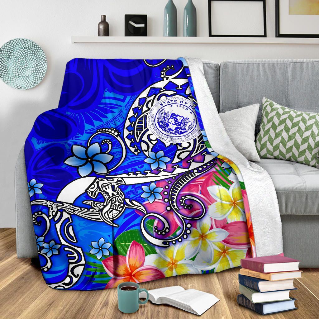 Hawaii Polynesian Premium Blanket - Hawaii Seal With Turtle Plumeria (Blue)