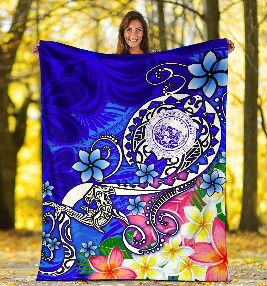 Hawaii Polynesian Premium Blanket - Hawaii Seal With Turtle Plumeria (Blue)