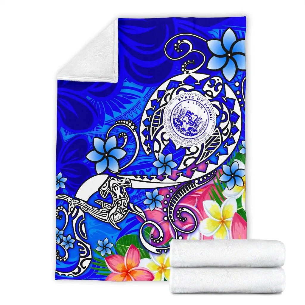 Hawaii Polynesian Premium Blanket - Hawaii Seal With Turtle Plumeria (Blue)