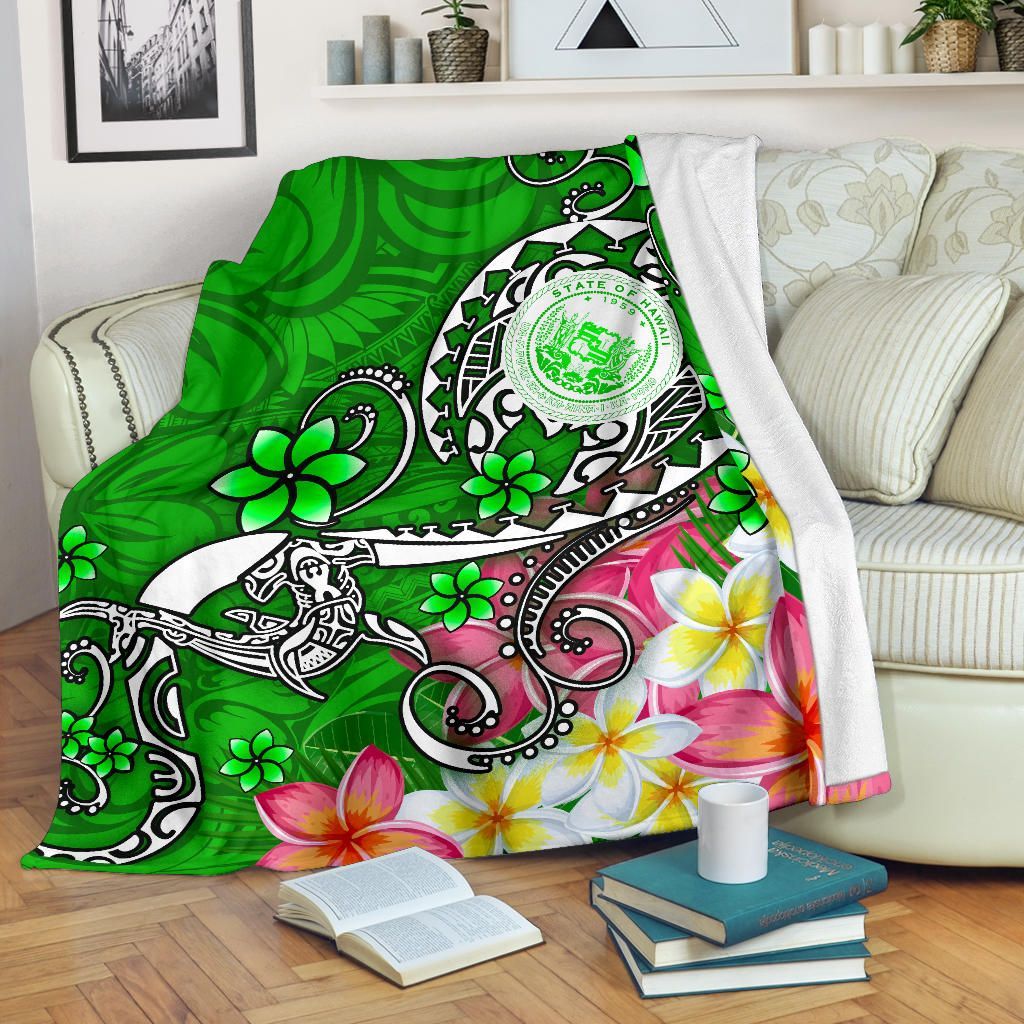Hawaii Polynesian Premium Blankets - Hawaii Seal With Turtle Plumeria (Green)