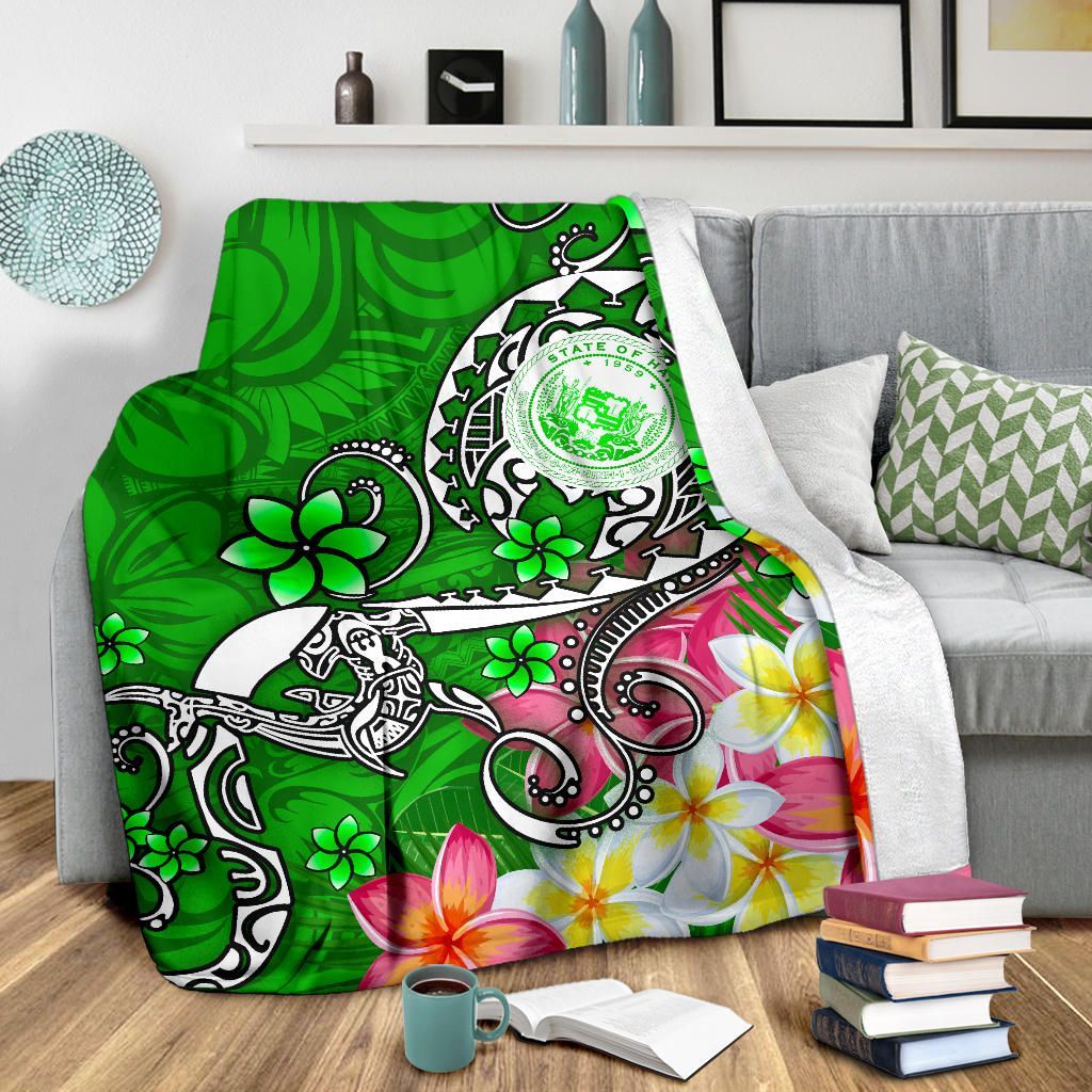 Hawaii Polynesian Premium Blankets - Hawaii Seal With Turtle Plumeria (Green)