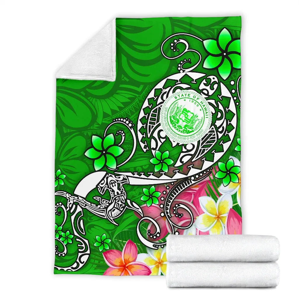 Hawaii Polynesian Premium Blankets - Hawaii Seal With Turtle Plumeria (Green)