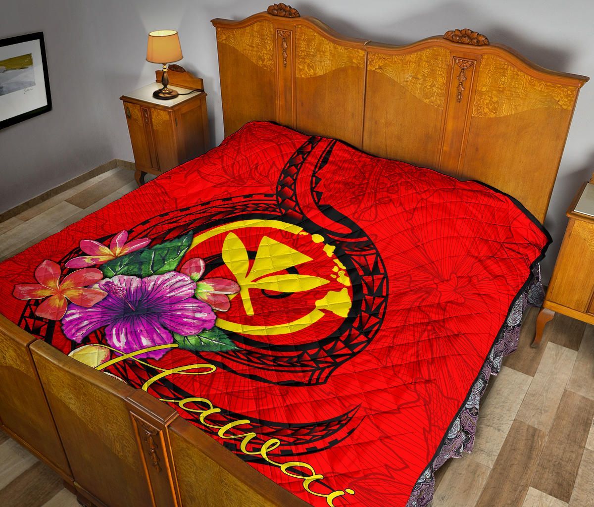 Hawaii Polynesian Premium Quilt - Floral With Seal Red