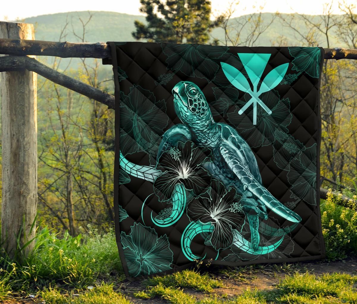 Hawaii Polynesian Premium Quilt - Turtle With Blooming Hibiscus Turquoise