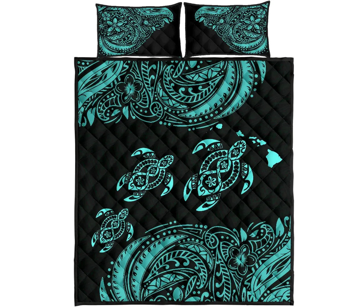 Hawaii Polynesian Quilt Bed Set - Blue Sea Turtle