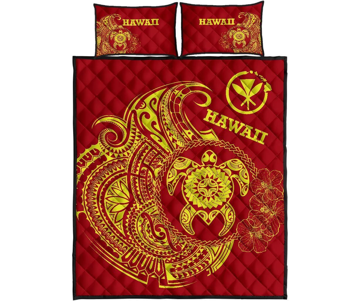 Hawaii Polynesian Quilt Bed Set - Vintage Polynesian Turtle (Red)