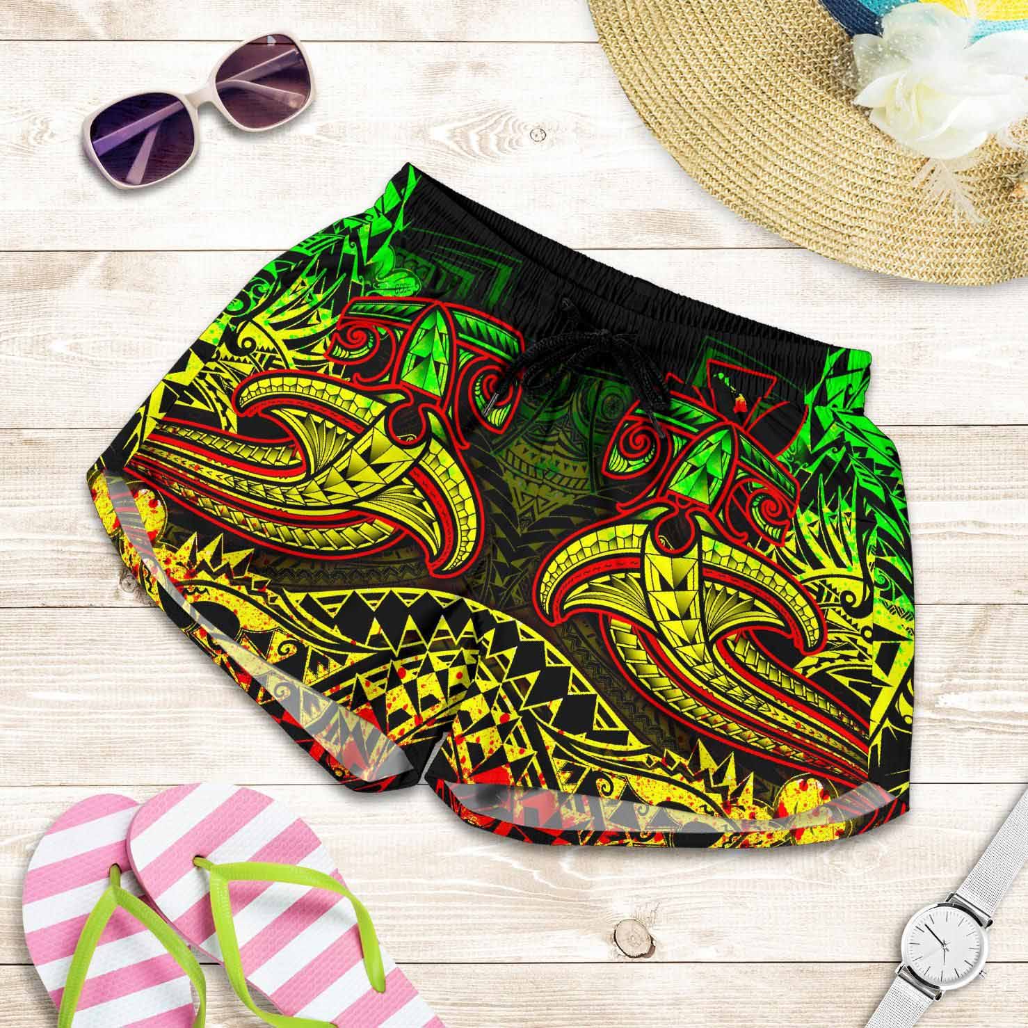 Hawaii Polynesian Women Shorts - Kanaka Maoli Reggae Shark Polynesian Tattoo
