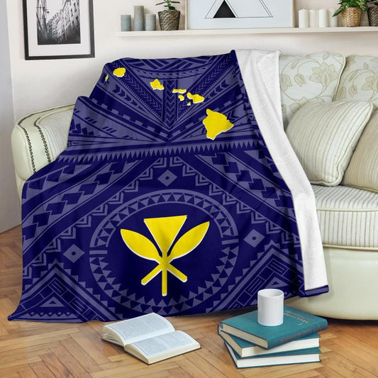 Hawaii Premium Blanket - Hawaii Kanaka Maoli And Map (Blue)