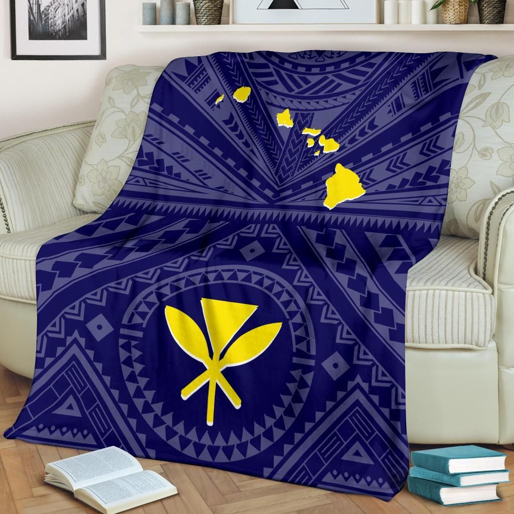 Hawaii Premium Blanket - Hawaii Kanaka Maoli And Map (Blue)
