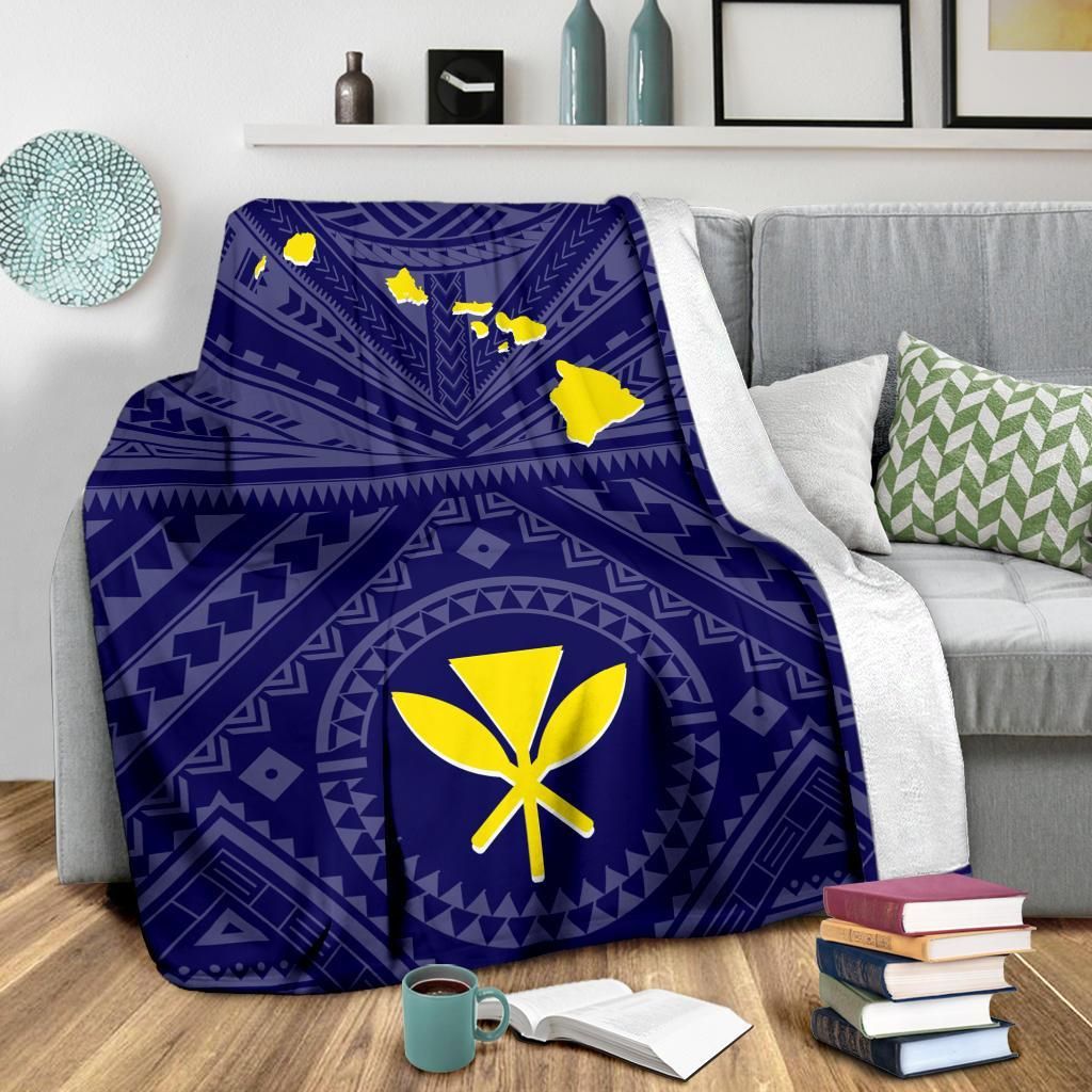 Hawaii Premium Blanket - Hawaii Kanaka Maoli And Map (Blue)