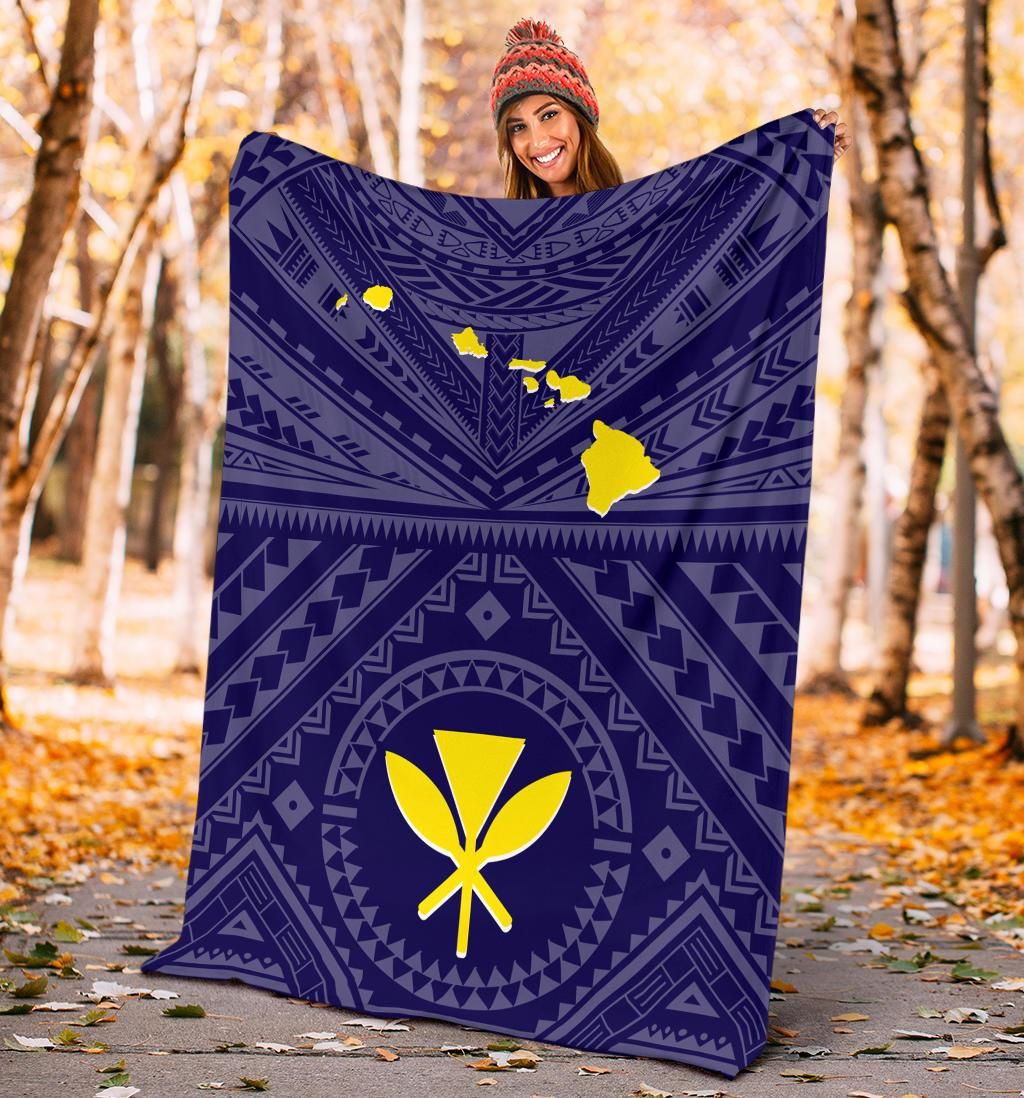 Hawaii Premium Blanket - Hawaii Kanaka Maoli And Map (Blue)