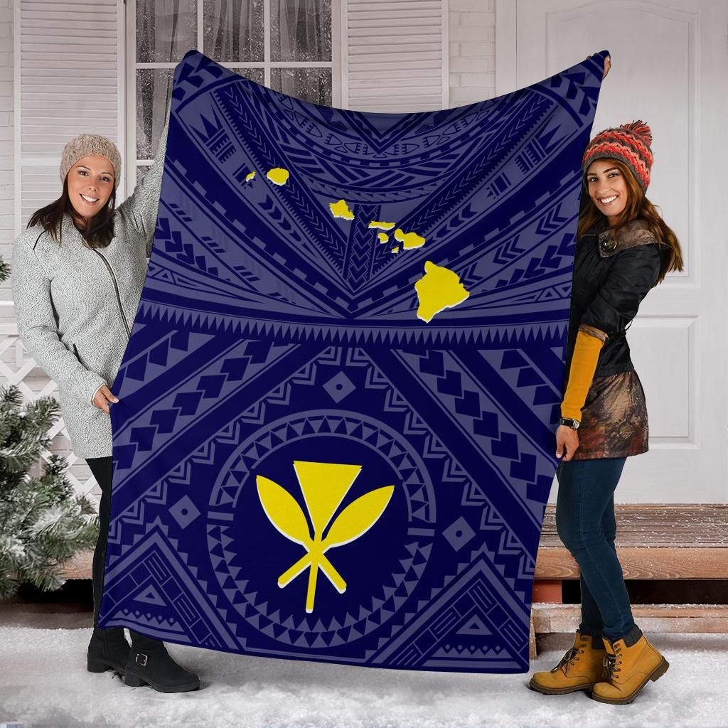 Hawaii Premium Blanket - Hawaii Kanaka Maoli And Map (Blue)