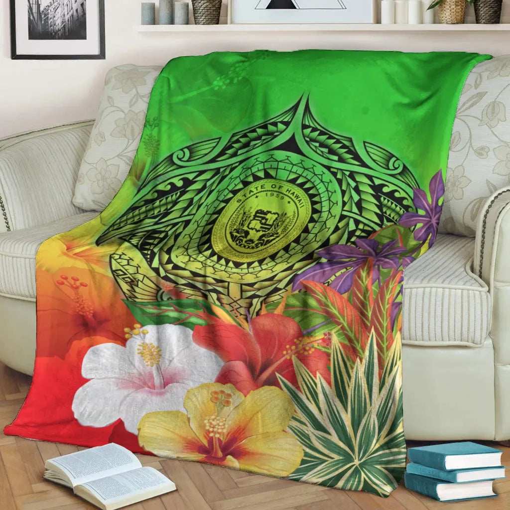 Hawaii Premium Blanket - Manta Ray Tropical Flowers (Green)