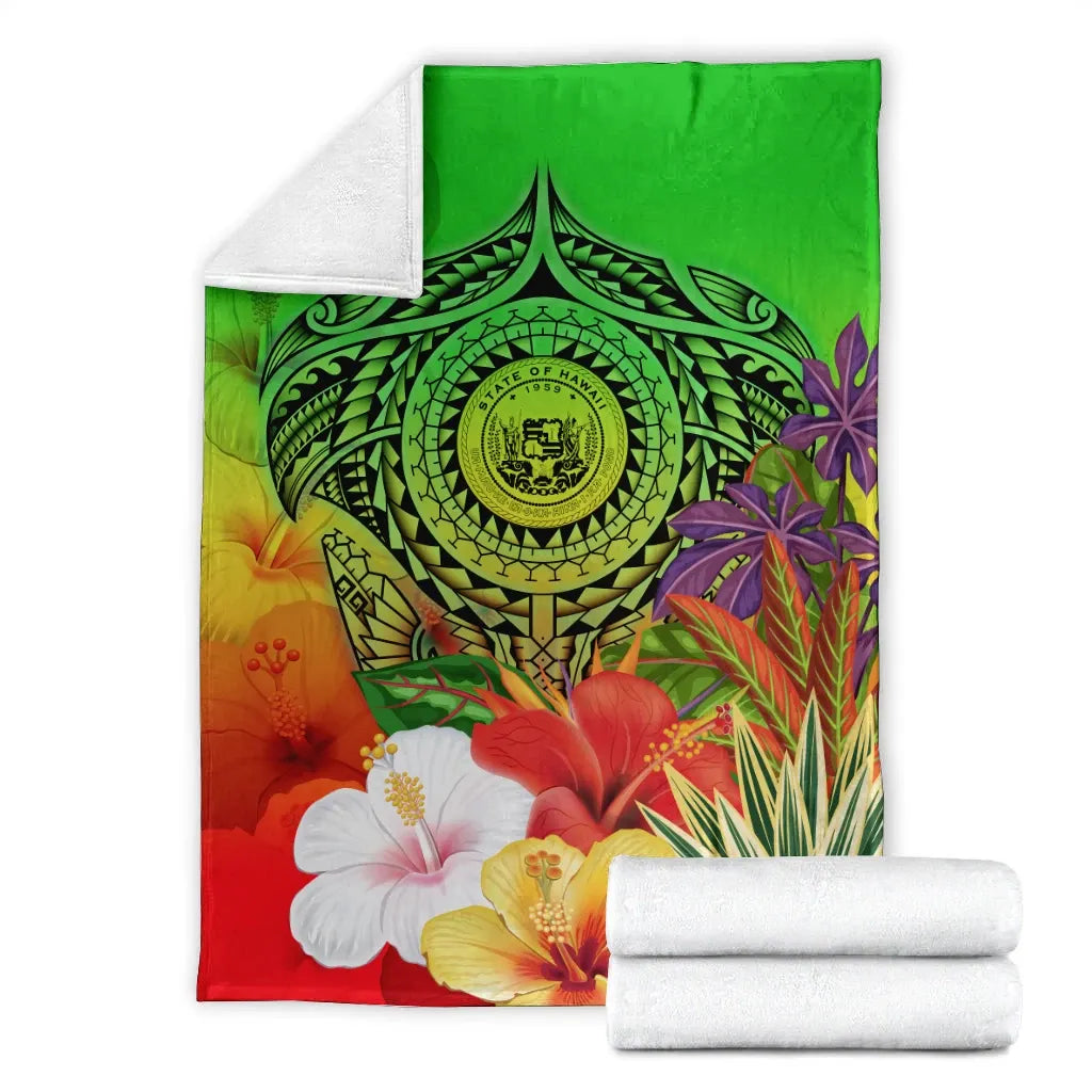 Hawaii Premium Blanket - Manta Ray Tropical Flowers (Green)
