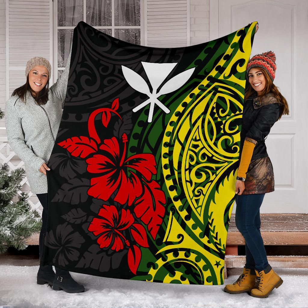 Hawaii Premium Blanket - Polynesian Patterns With Hibiscus Flowers