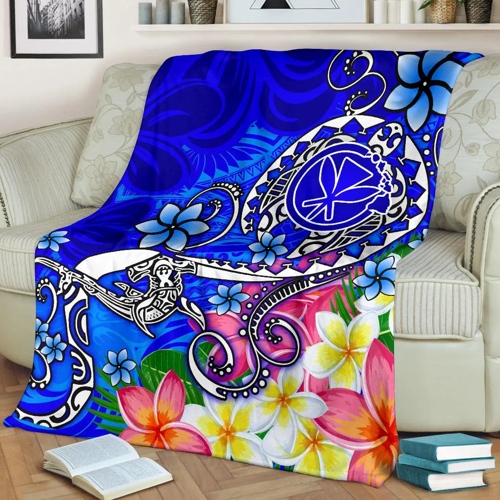 Hawaii Premium Blanket  - Turtle Plumeria Polynesian Tattoo Blue Color