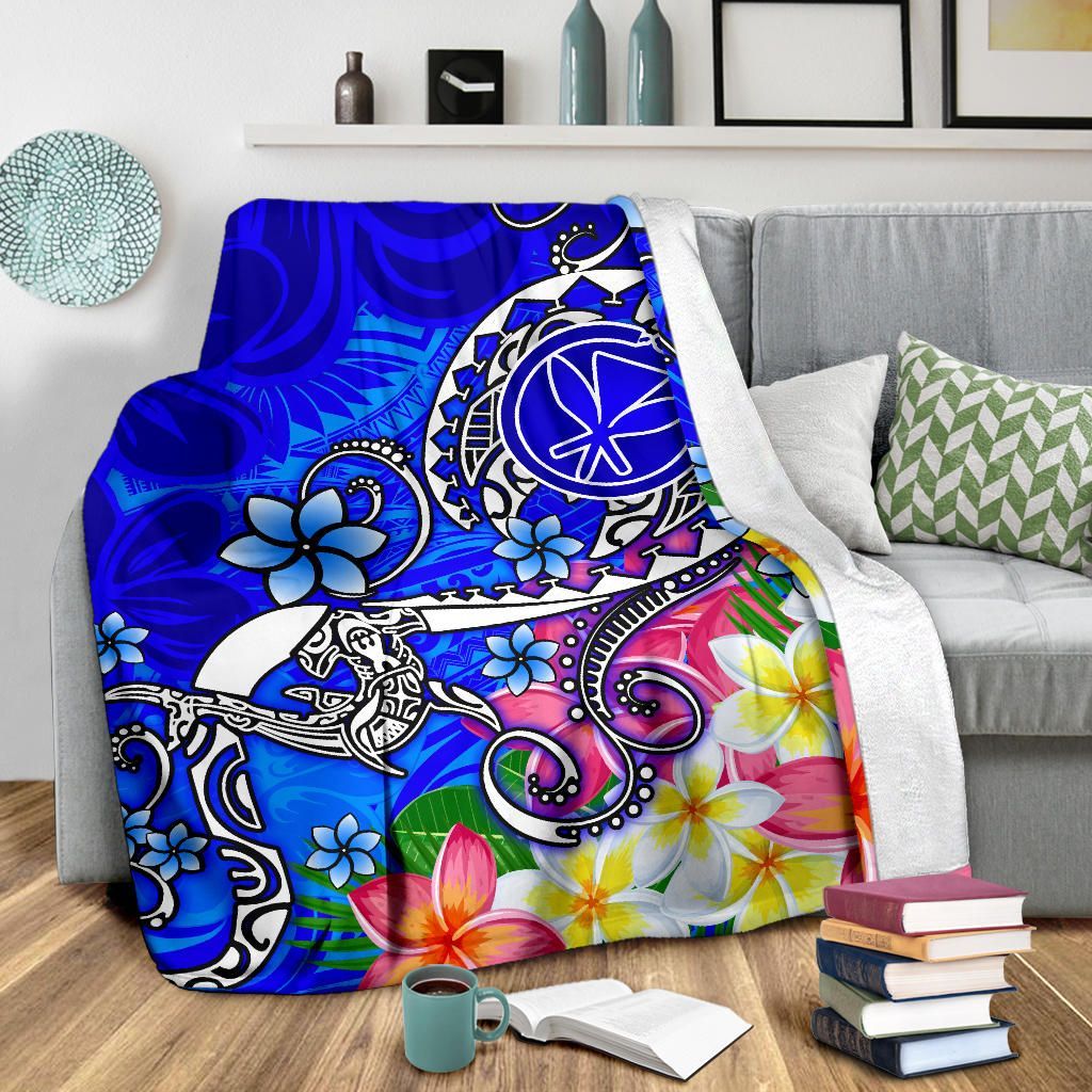 Hawaii Premium Blanket  - Turtle Plumeria Polynesian Tattoo Blue Color