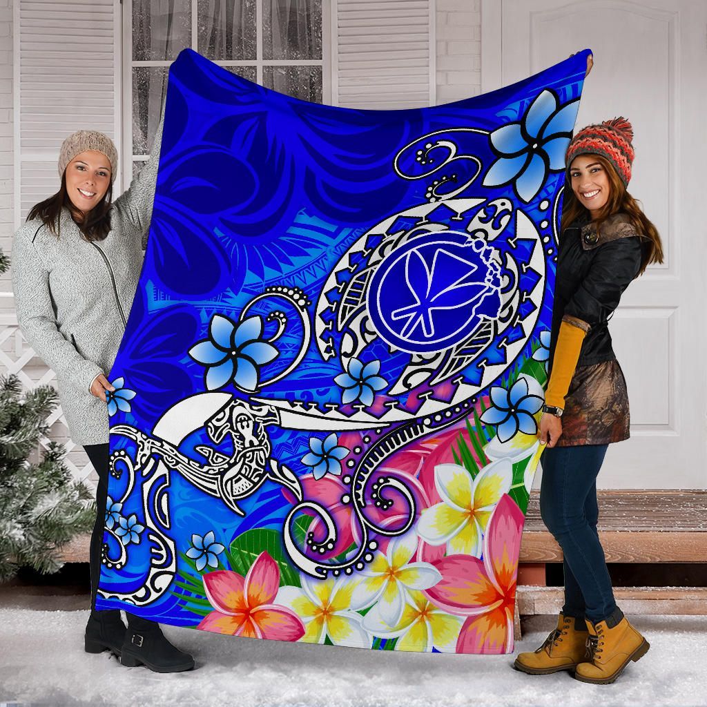 Hawaii Premium Blanket  - Turtle Plumeria Polynesian Tattoo Blue Color