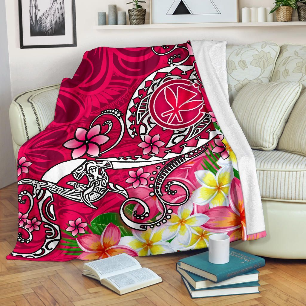 Hawaii Premium Blanket - Turtle Plumeria Polynesian Tattoo Pink Color